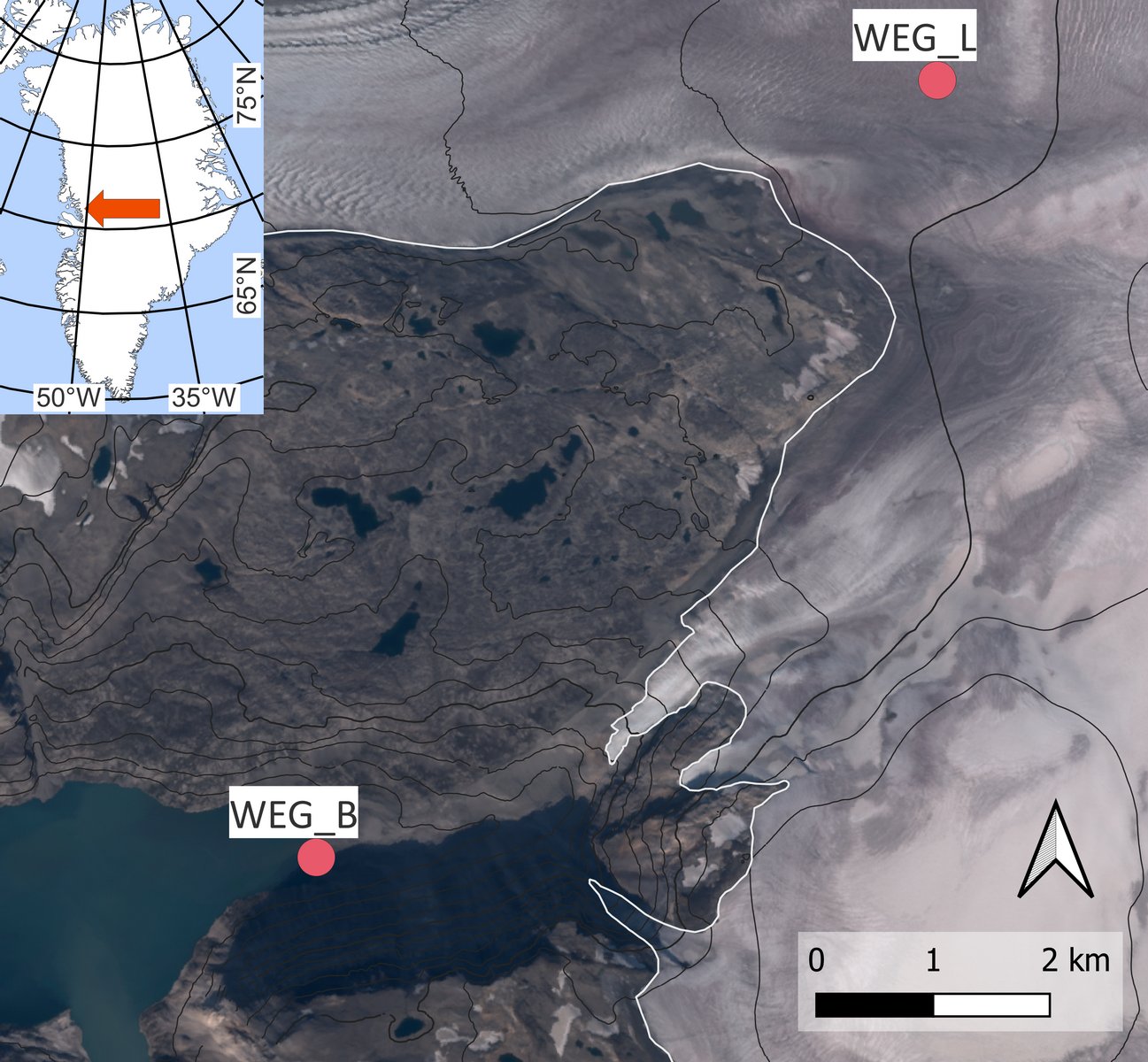 Position of our automated weather stations at Qaamarujup Sermia.